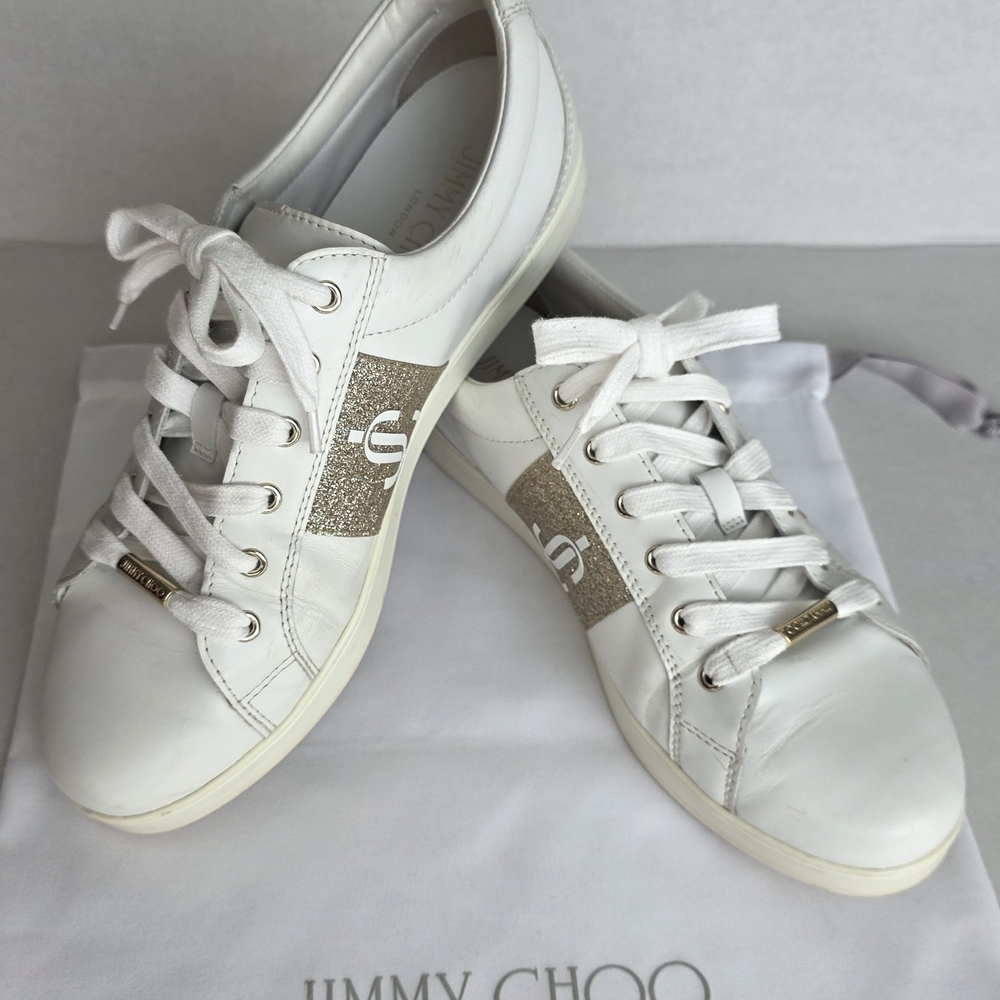 Jimmy Choo Cash White and Gold Women's Sneakers